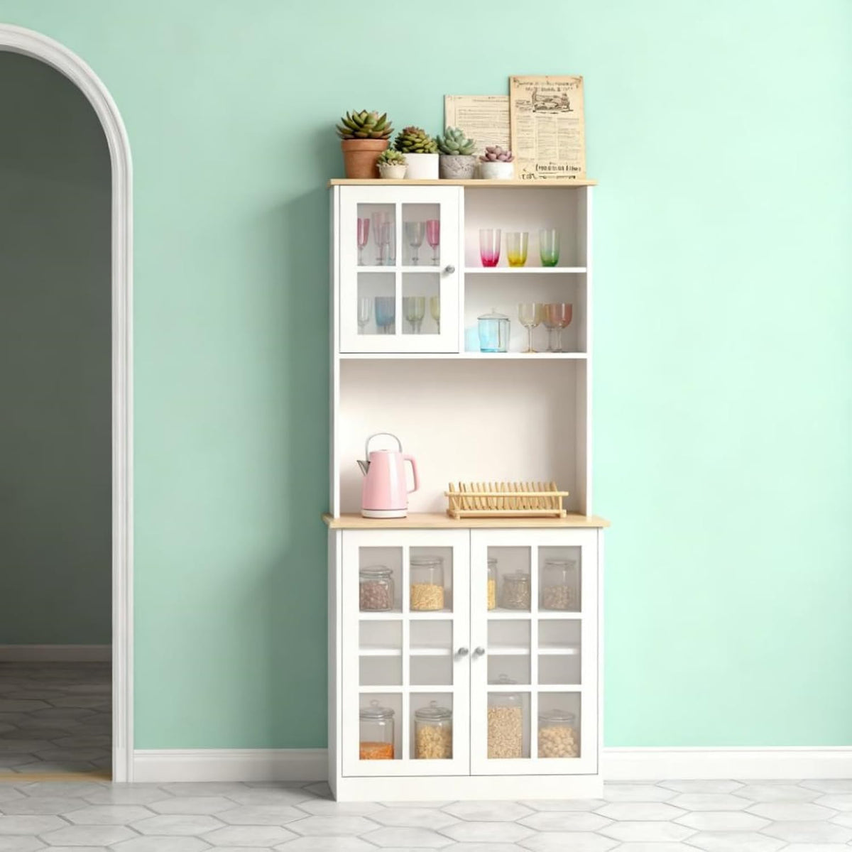 Oak+White Large Countertop Kitchen Pantry Cabinet, Freestanding Storage Cabinet with Hutch & Glass Doors, Adjustable Shelves Cabinet for Kitchen Living Room, 31.5x14.5x72 Inches
