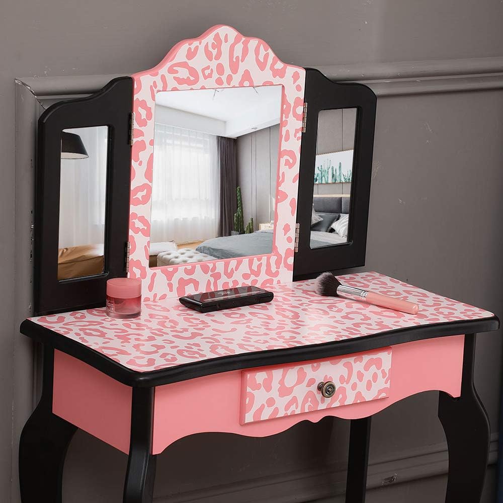 Bonnlo Kids Vanity Set, Modern Princess Vanity Table with Stool, Tri-Folding Mirror Desk for Girls Makeup Dressing Table with Drawer