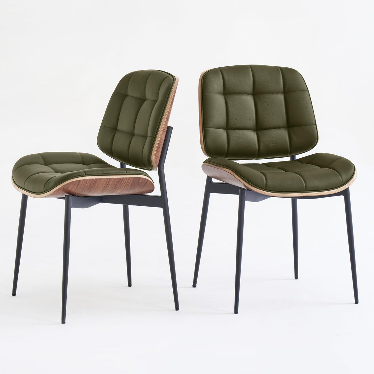 GrandNoor Mid Century Modern Dining Chairs with Walnut Grain Back, Green Faux Leather Dining Room Chairs Set of 4, Checkered Soft Cushion Kitchen Chairs with Adjustable Foot Pads
