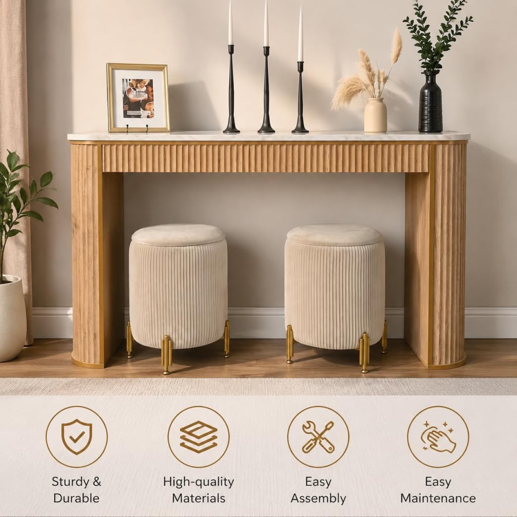 Round Ottoman Foot Stool with Storage and Metal Legs for Living Room Bedroom, Velvet Upholstered Footrest Stool Support 300lbs Modern Padded Seat Ottoman Coffee Table (Oatmeal)