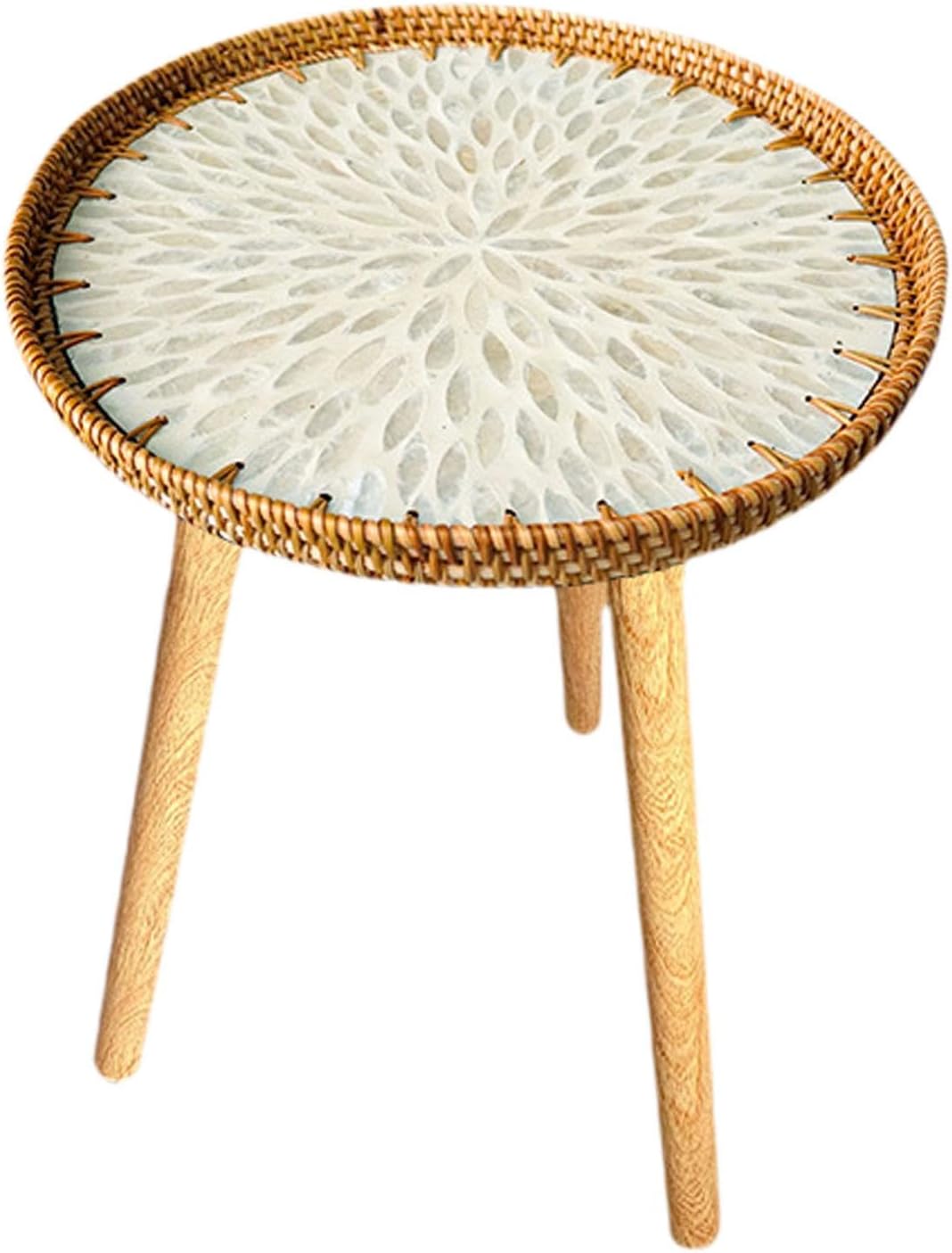 Shell Inlay Side Table, End Table, Home Decoration, Tea Table, Bedside Table for Bedroom, Garden, White Leaves 40cm
