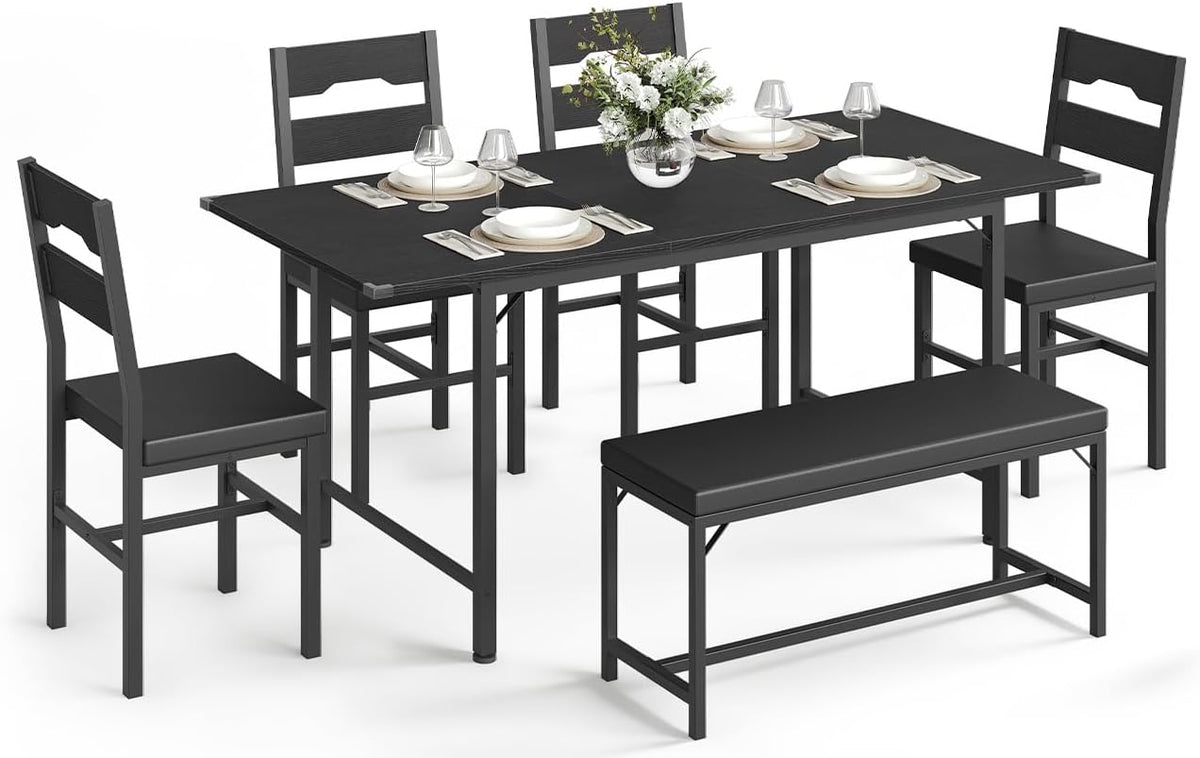 6-Piece Dining Table Set for 4-8, 63" Extendable Kitchen Table with 4 PU Upholstered Dining Room Chairs & Bench, Heavy-Duty Metal Frame, Space-Saving, for Small Space, Office, Kitchen, Black