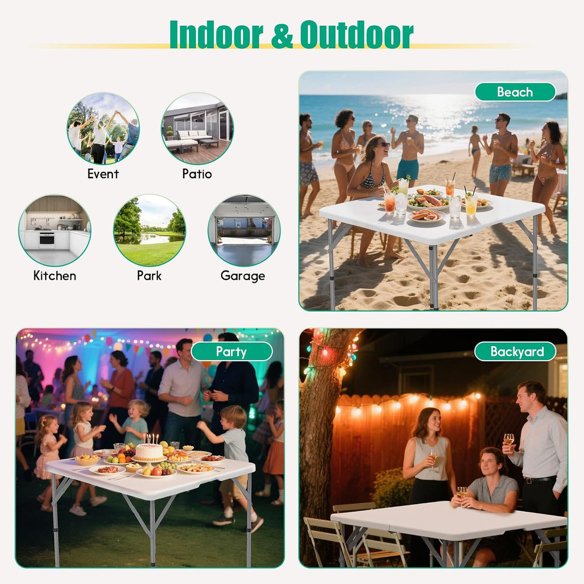 34'' Square Folding Card Table 2 Pcs,Dining Table with Handle & Safety Lock | Fold-in-Half, Portable, Heavy Duty HDPE, Foldable Plastic Table for Camping Picnic Party Event, White