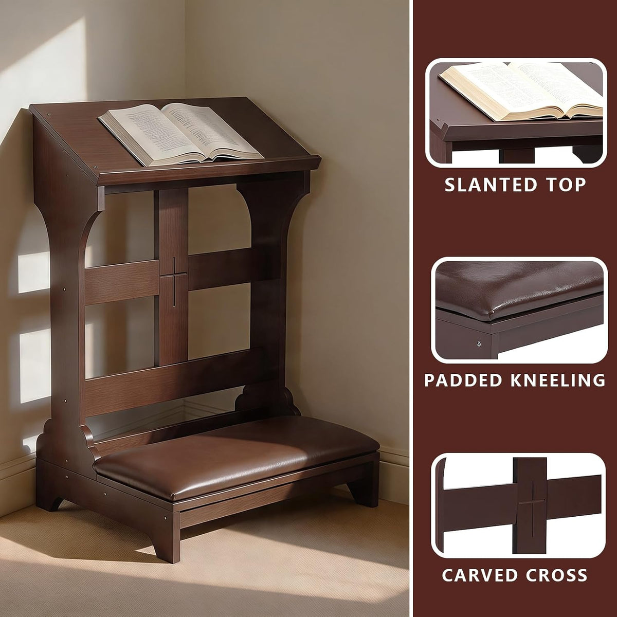 Prayer Kneeler with Built-in Tabletop – Solid Wood Prayer Bench, Faux Leather Cushion, Compact 23"x20"x32" for Home ChurcWorship Ebony