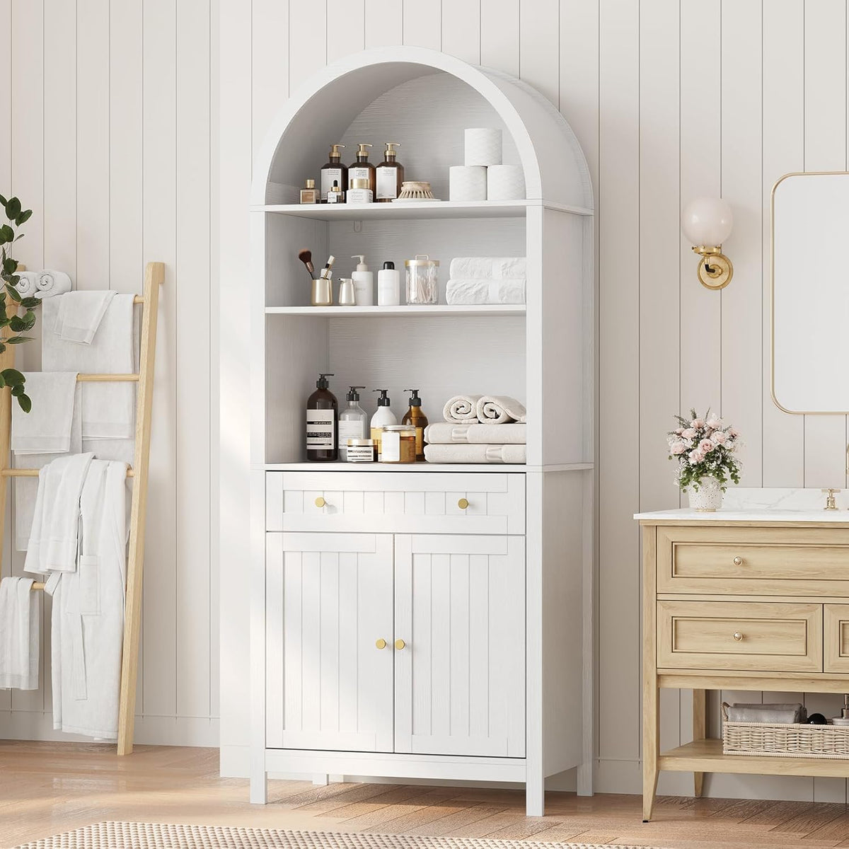 73" Tall Arched Cabinet, Arched Kitchen Pantry with Adjustable Shelves, Modern Display Storage Cabinets, Wooden Pantry Cabinet for Living Room, Dining Room