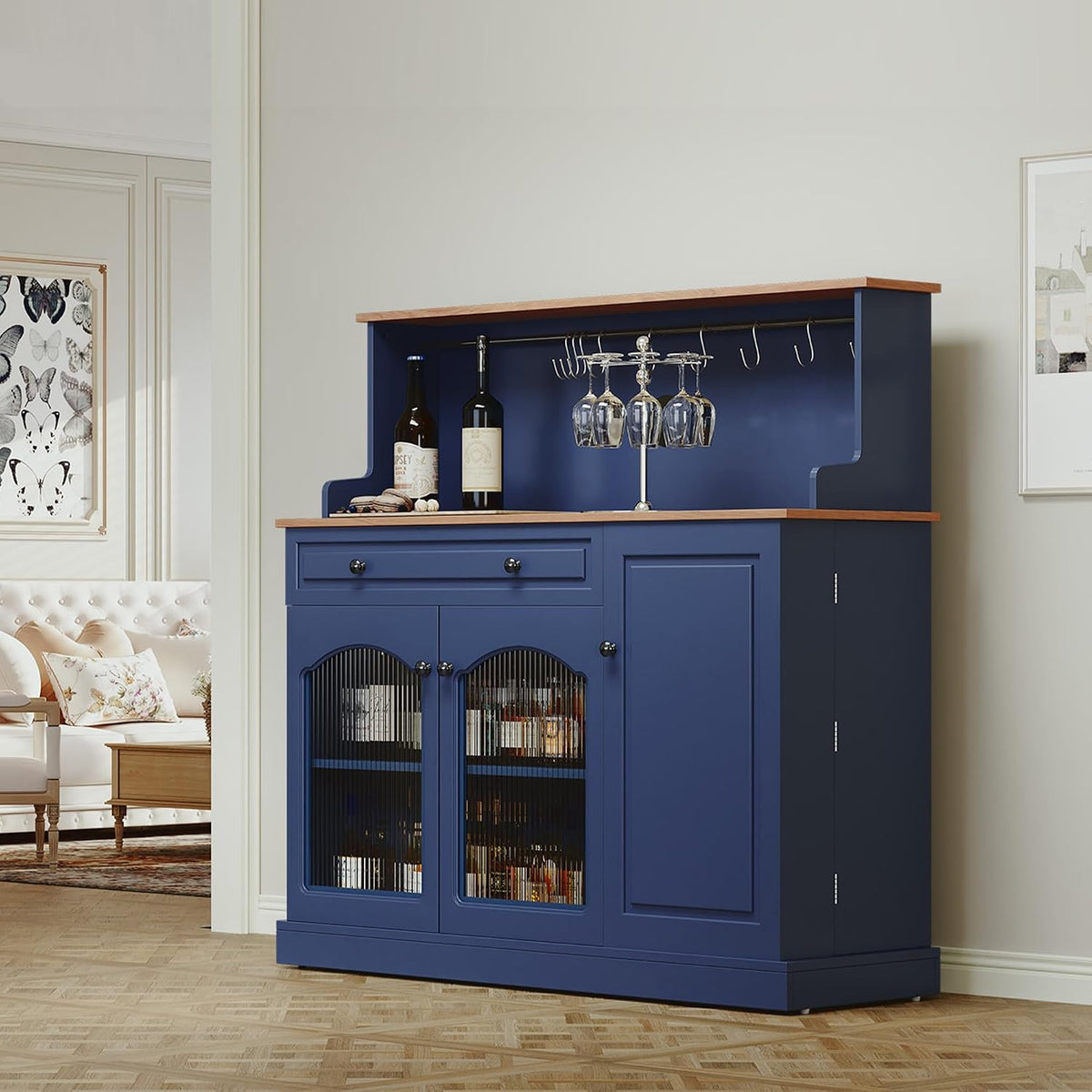 ARTPOWER 48" Farmhosue Coffee Bar Cabinet with Hutch, Wine Cabinet,Blue | Modern Buffet Cabinet with Drawer Storage & Shelves, Wine Bar Table with 3 Glass Doors for Living Room, Metal Hooks & handles
