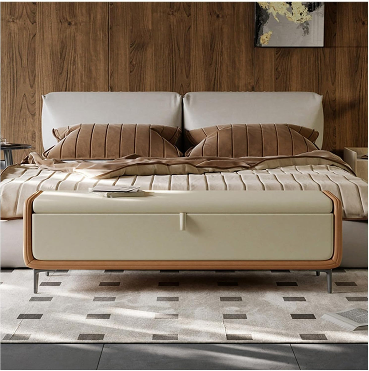 Modern Modern Faux Leather Storage Ottoman Bench with Metal Base,Upholstered Bedroom for End of Bed Luxury Shoe,Footstool for, Living Room, Entryway Entryway(Gris,150 * 45 * 43cm)