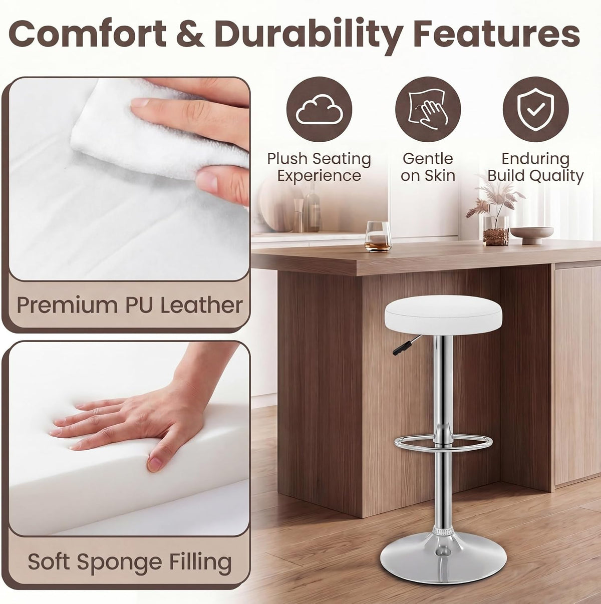 GIANTEX Bar Stools Set of 2, Adjustable Height PU Leather Bar Chair with Swivel Padded Seat, Footrest & Anti-Slip Base, Modern Backless Barstools for Kitchen, Pub Dining Room, Breakfast, Warm White