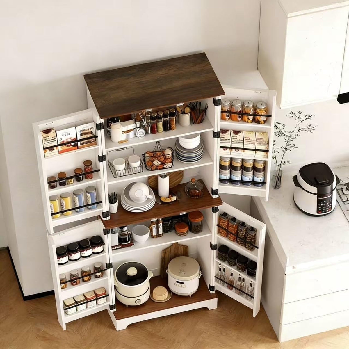 CypherX 75” Farmhouse Storage Cabinet, Large Kitchen Pantry Storage Cabinet with Adjustable Shelves and Barn Doors, Versatile Storage Cupboard for Dinning Room, Bathroom, Living Room, Antique White