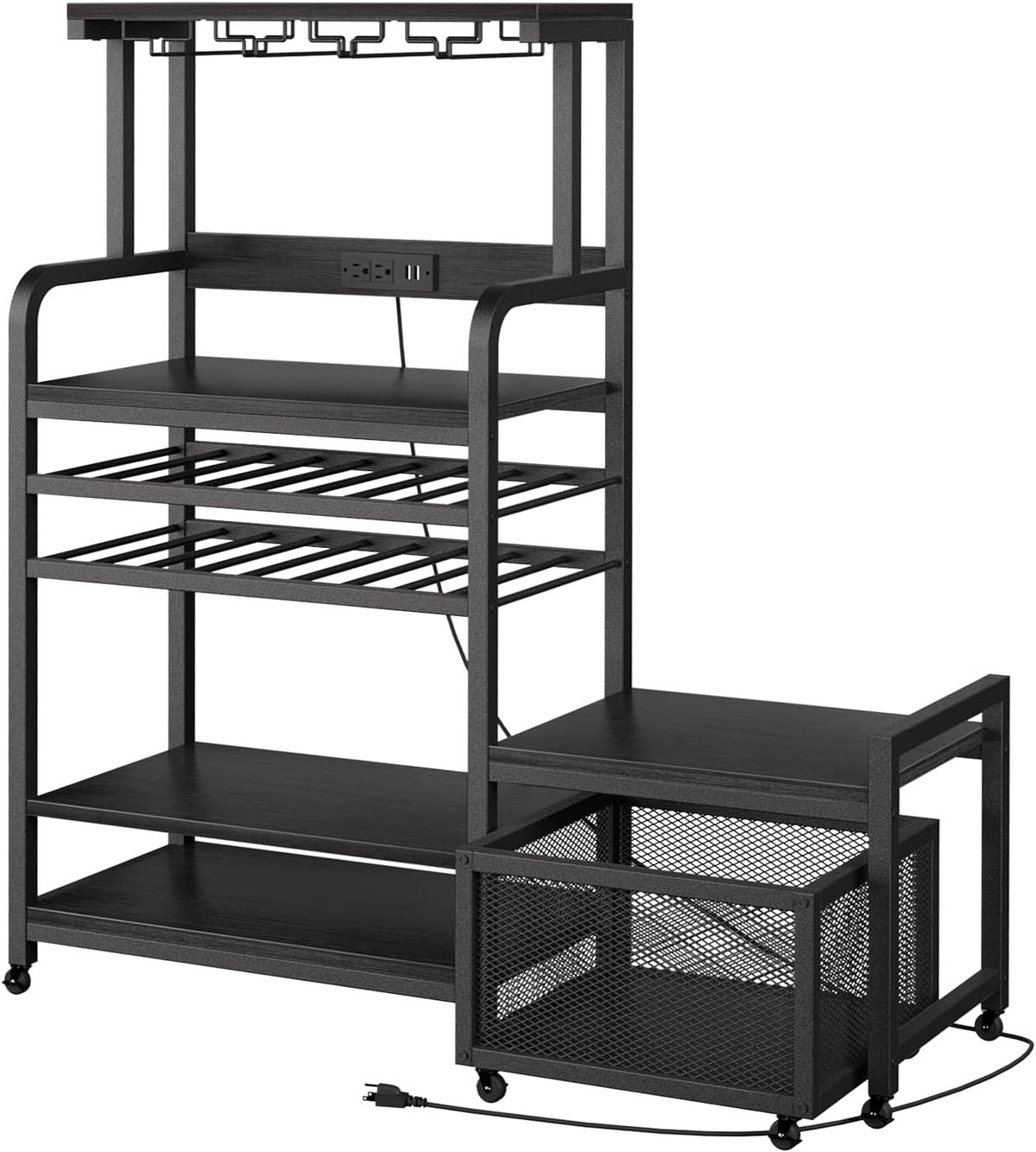 Mini Fridge Stand with Power Outlet, Microwave Stand with Wine Rack, Coffee bar with Removable Storage Baskets, Suitable for Dorm, Kitchen, Dining Area, Black