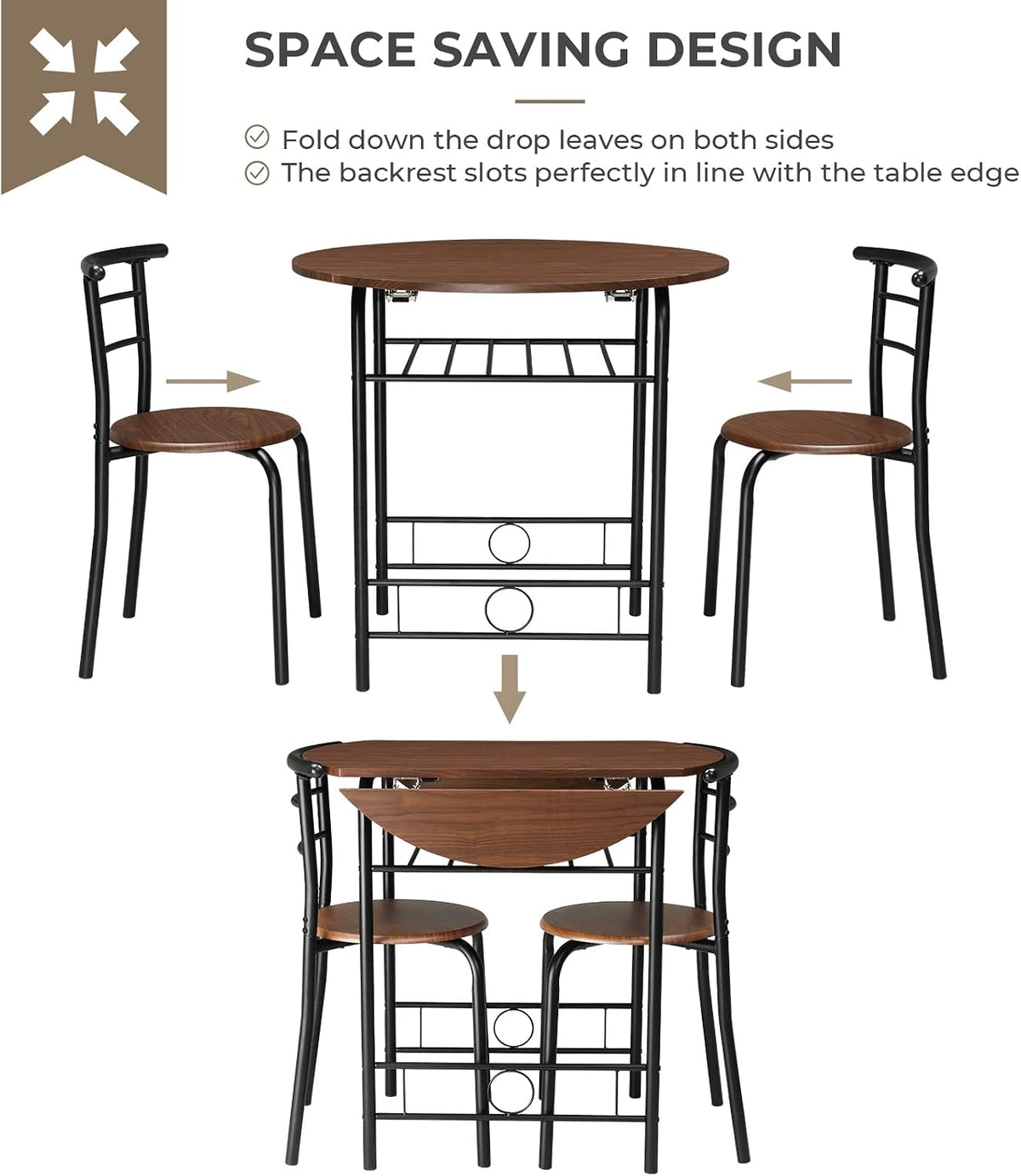 VINGLI 31.5" Drop Leaf Dining Table Set for 2, 3 Pieces Dining Table with Chair for Small Space, Small Kitchen Extendable Folding Dining Table for Dining Room,Home, Apartment, Saving Places, Walnut