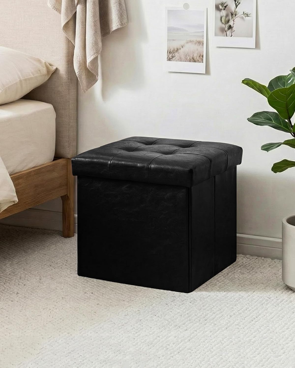 B FSOBEIIALEO Storage Ottoman Small Cube, Foot Rest Seat Faux Leather Dorm Room Ottoman Black 12.6"X12.6"X12.6" (2 Pack)