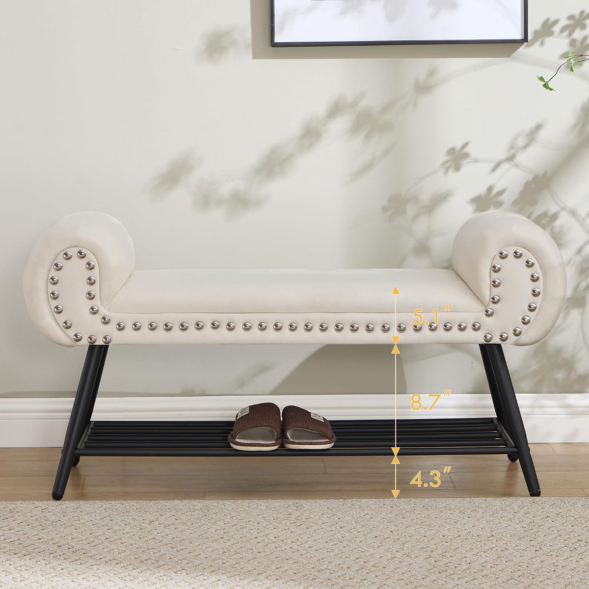 End of Bed Bench with Shoe Shelf, 45" Modern Velvet Upholstered Bedroom Bench with Rolled Arms and Metal Frame for Entryway, Living Room, Hallway, Foyer, 300 lbs, Cream
