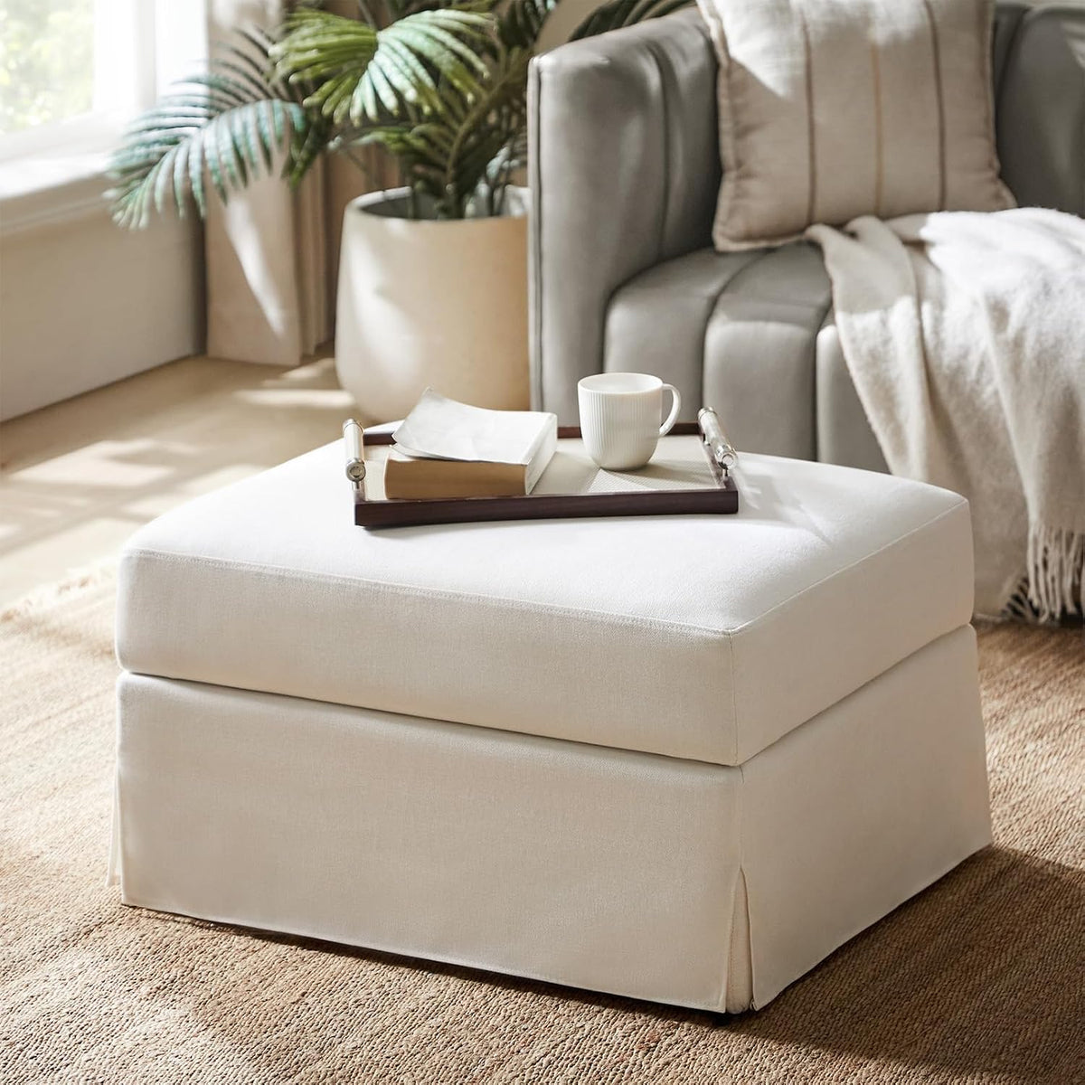HULALA HOME Storage Ottoman Coffee Table with Lift Top, Farmhouse Linen Upholstered Ottoman with Removable Fabric Cover, 30-Inch Large Coffee Table with Storage for Living Room, Bedroom, Ivory