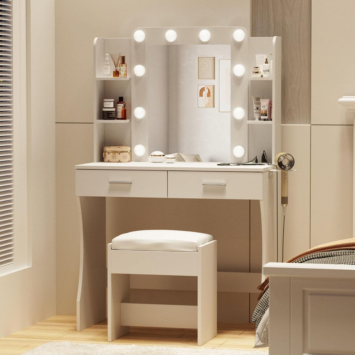 Vabches Vanity Desk with Mirror and Lights,Makeup Vanity Table with Charging Station,Vanity Set with 2 Drawers & Lots Storage Space,3 Lighting Modes Adjustable Brightness,White