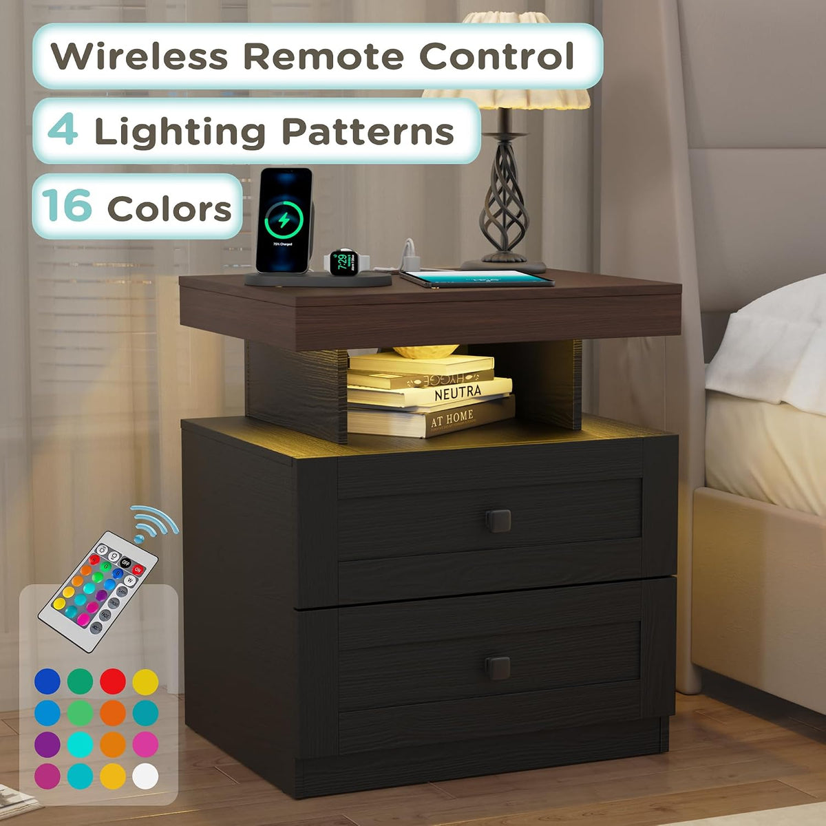 MHOM Farmhouse LED Nightstand Set of 2, Wood Bedroom Side Table with Charging Station, Rustic End Table with Drawers for Bedroom, Antique Black