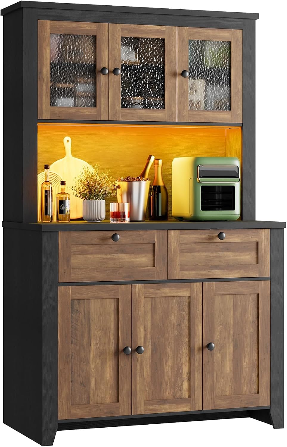Garvee 66" Tall Pantry Cabinet with LED Lights & Charging Station, Kitchen Pantry Storage Cabinet Kitchen Hutch Coffee Bar with Adjustable Shelves for Dining Room, Living Room