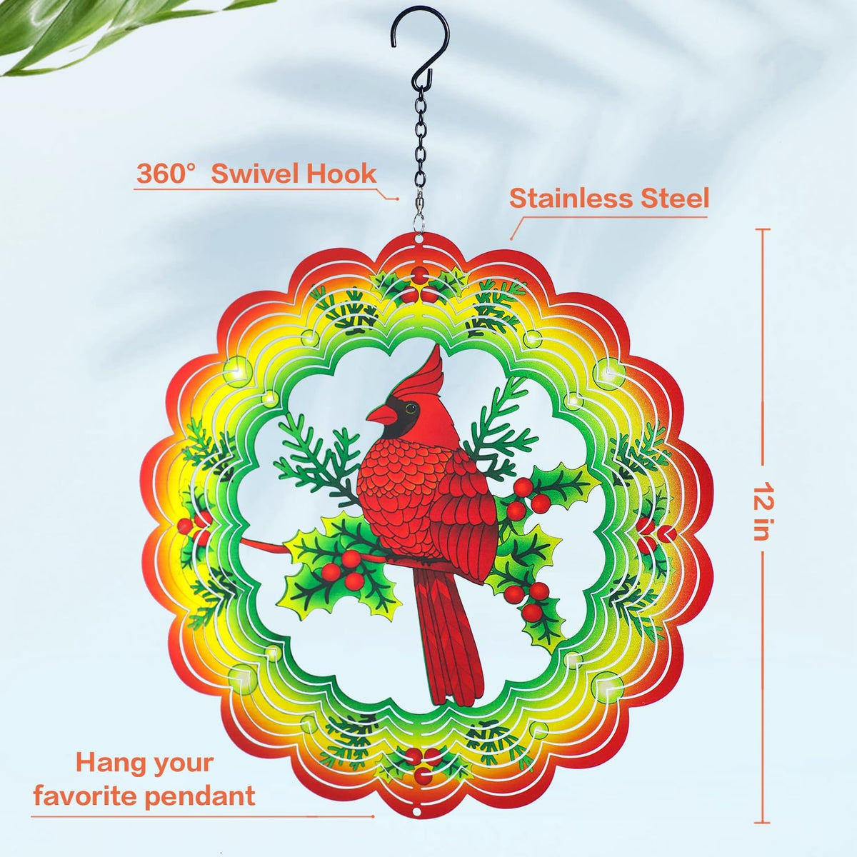 Cardinal Wind Spinners Cardinal Gifts for Women/Men 12 inch 3D Stainless Steel Hanging Wind Spinner Metal Wind Catchers Kinetic Sculpture for Indoor/Outdoor Decor, Yard Art, Garden Decorations
