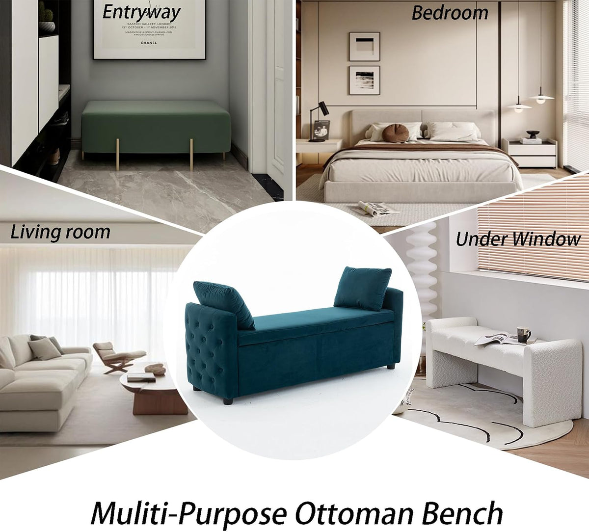Storage Bench for Bedroom, 60" End of Bed Bench for King Size Bed,Tufted Bench Modern Upholstered Long Ottoman Bench with Arm (Teal, Velvet-60 Wide)