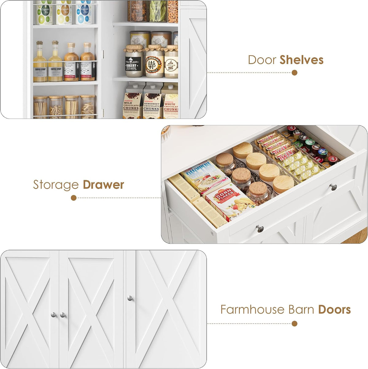 HIFIT 72.8”Hx55”W Pantry Cabinet with LED & Charging Station, Kitchen Hutch | Farmhouse Coffee Bar Cabinet with Storage Drawer, Large Countertop, Swing-Out Door, Hutch Cabinet with Storage, White