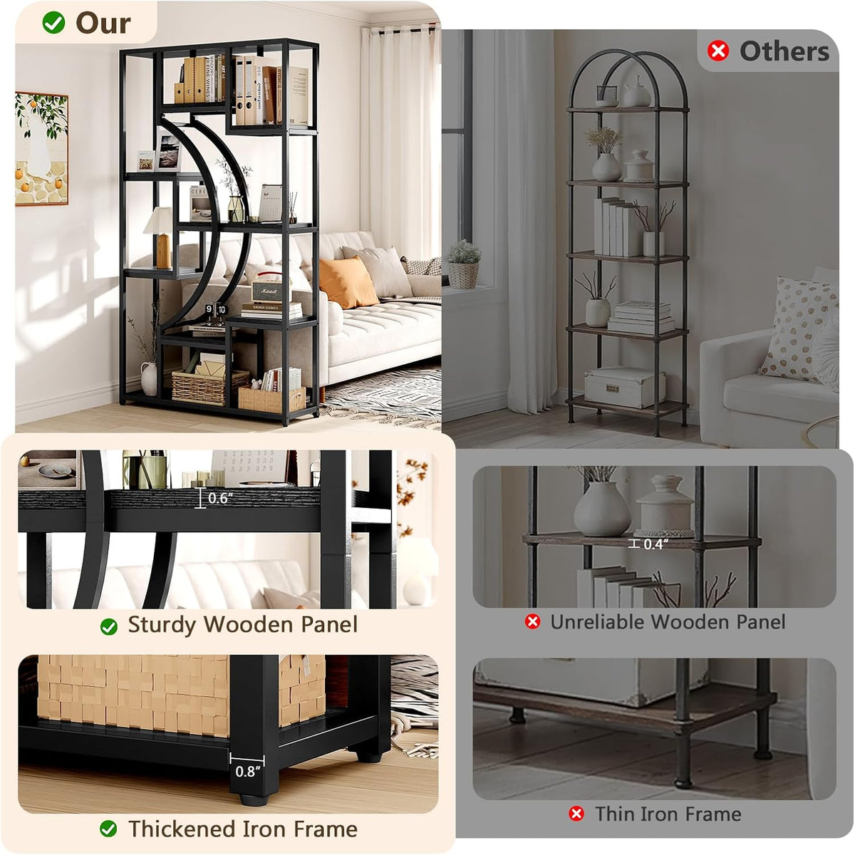 LGHM Bookshelf Set of 2 with Metal Frame, 5 Tier Geometric Bookcase, Adjustable Modern Book Shelf with 18 Open Storage Shelves, Display Shelf for Living Room, Office, Bedroom,Black