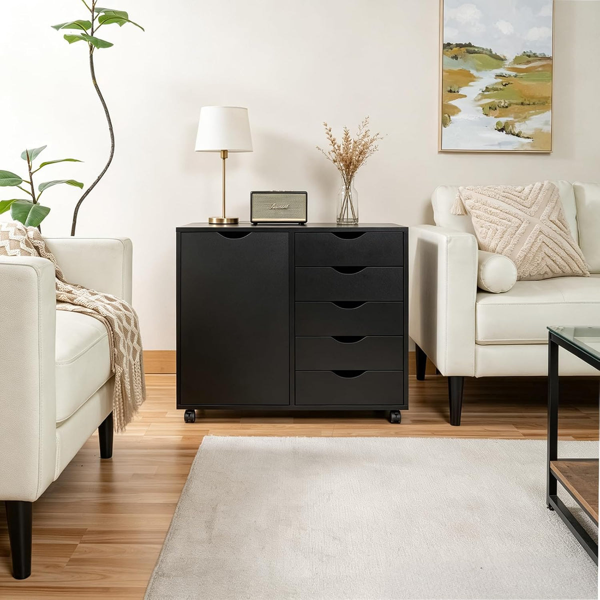 5 Drawer Wood Storage cabinets, Chest of Drawers for Home Office, Printer Stand with Adjustable Shelf (Black)