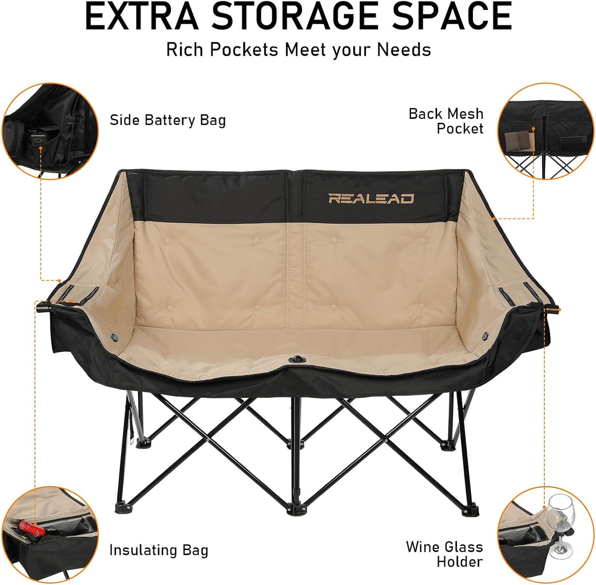 REALEAD Heated Double Camping Chair - Heated Loveseat Camping Chairs for Adults with 3 Heat Levels and 4 Heating Zones - Oversized Heated Chairs Outdoor Sports Supports 650 lbs Battery NOT Included