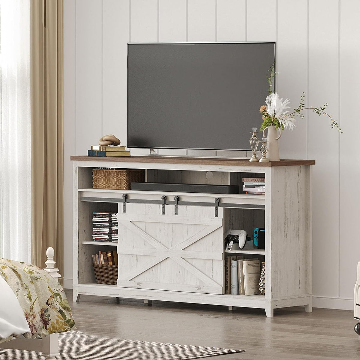 Lifewit Farmhouse TV Stand for up to 65" TV, Entertainment Center with Ajustable Shelves, Sliding Barn Door and Open Storage Spaces, TV Console for Living Room, Bedroom, Hold 300lbs, Rustic White