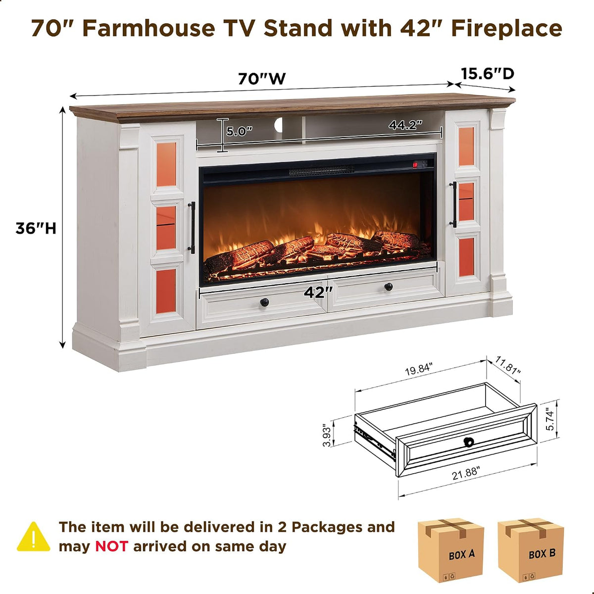 OKD 70" Farmhouse TV Stand with 42" Electric Fireplace, Antique White | 36" Tall, Glass Door Side Cabinets with LED, Open Cubby, Storage Drawers, Cable Management, Media Console for Living Room