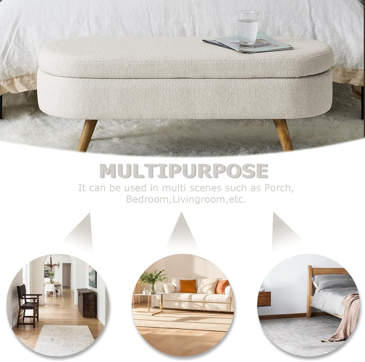SoarFlash Ottoman Oval Storage Bench Linen Fabric Rubber Wood Legs(Beige)