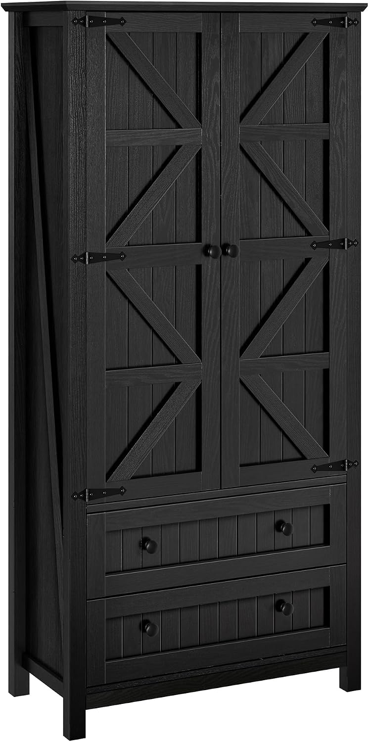 YITAHOME 64.5" Tall Kitchen Pantry Cabinet, Farmhouse Pantry Storage Cabinet with 2 Drawers & Adjustable Shelves, Ideal for Living Room, Kitchen or Hallway, Oak Black
