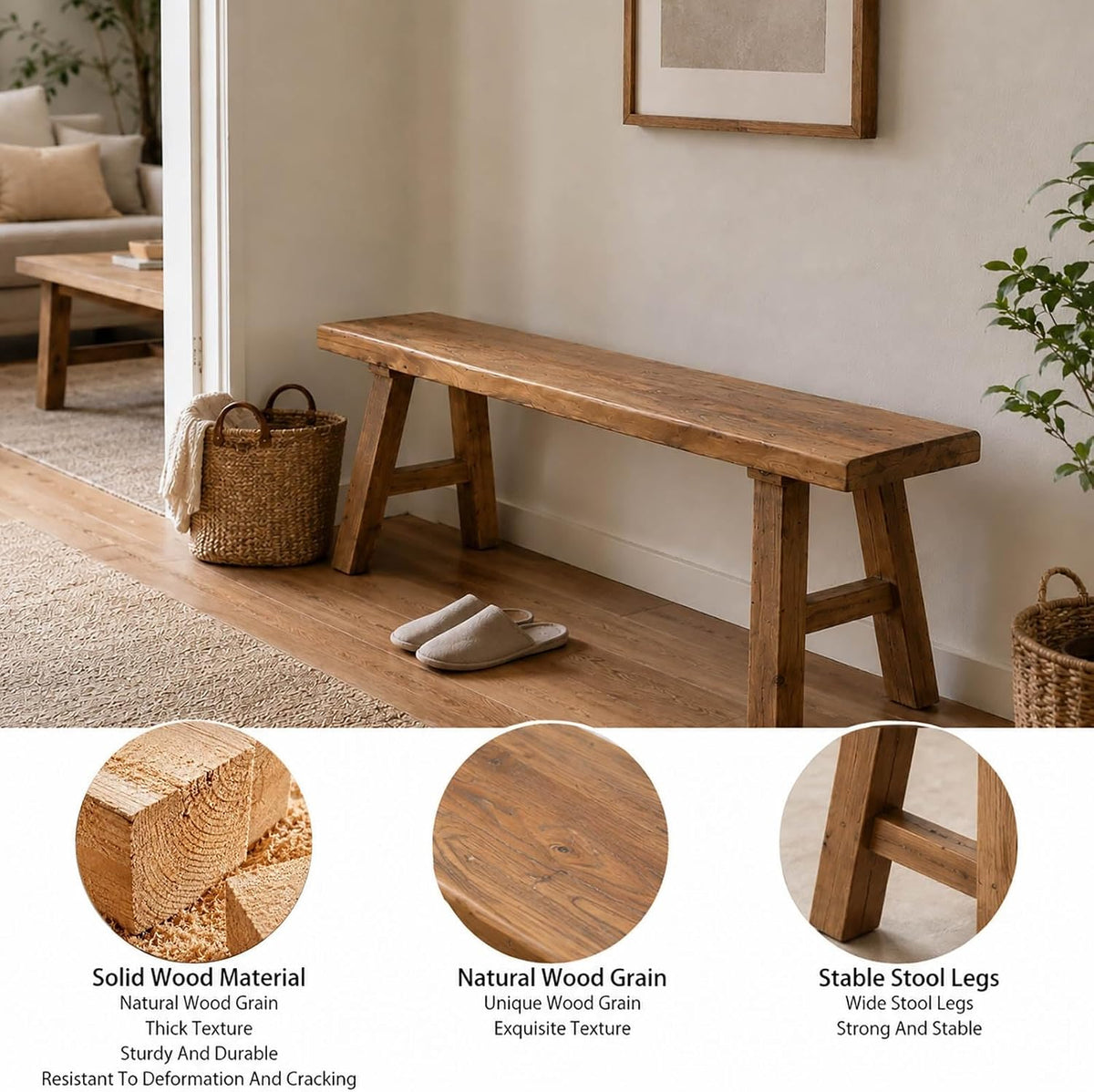 Narrow Bench For Entryway Skinny Hallway Shoe Benchs End Of Bed Slim Farmhouse Indoor Solid Wood Rustic Noodle Bench 19.6/39.3/62.9/70.8 In Length For Bedroom Living Room Kitchen(19.6x10.2x17.7in)