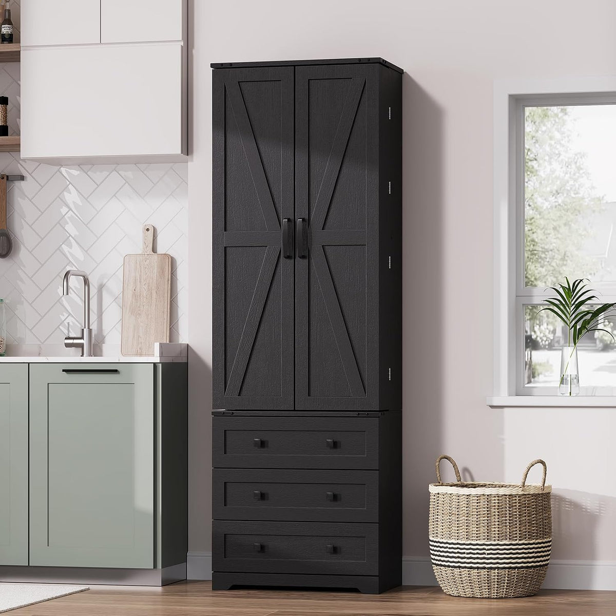 72'' Tall Kitchen Pantry Cabinet, Freestanding Tall Cupboard Storage Cabinet with 2 Barn Doors & 3 Drawers, Adjustable Shelves, Large Farmhouse Pantries for Living Room, Dining Room