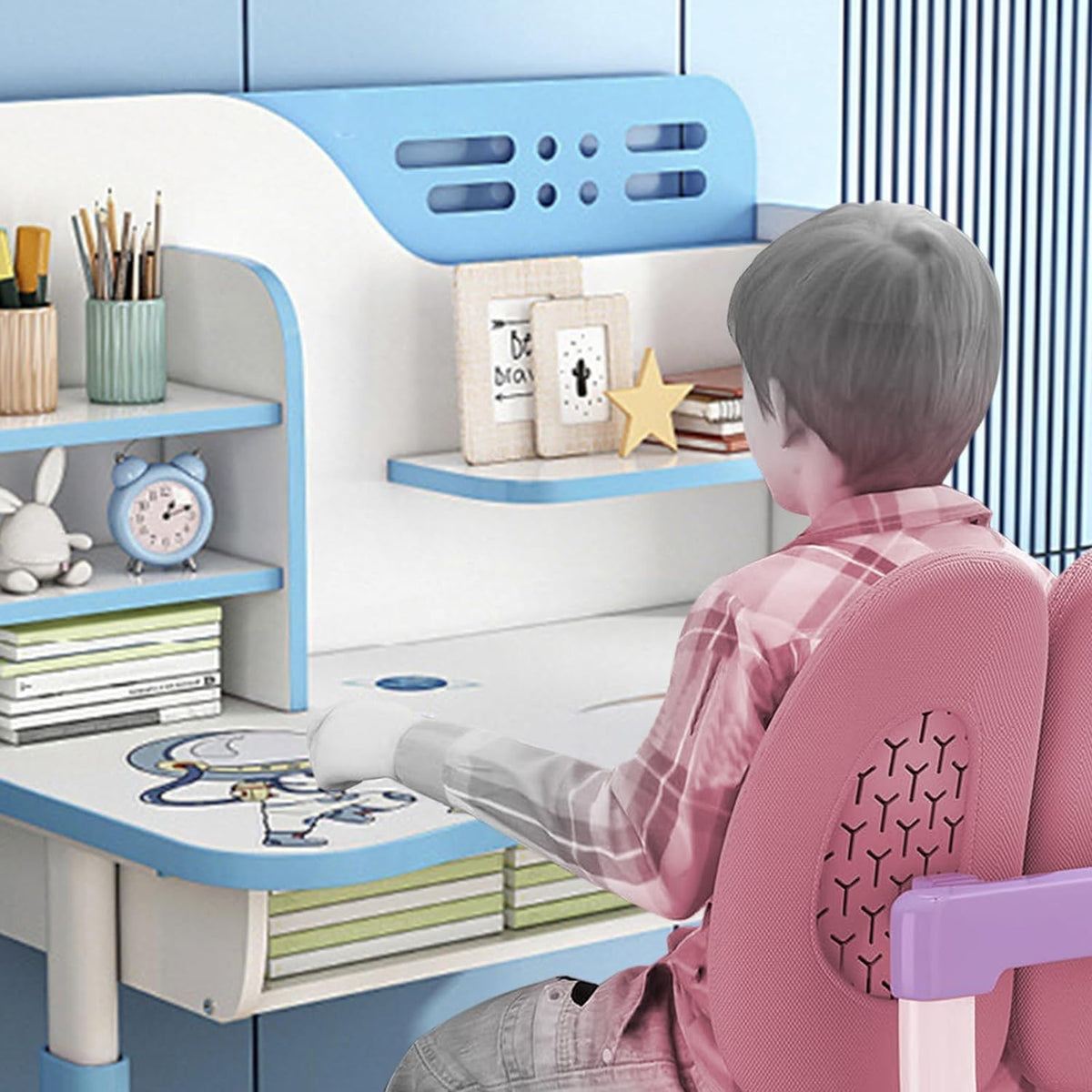 Kids Functional Desk and Chair Set, Ergonomic Height Adjustable Children School Study Desk with Storage, Book Stand, Metal Hook and Drawer for Boys Girls (Blue)