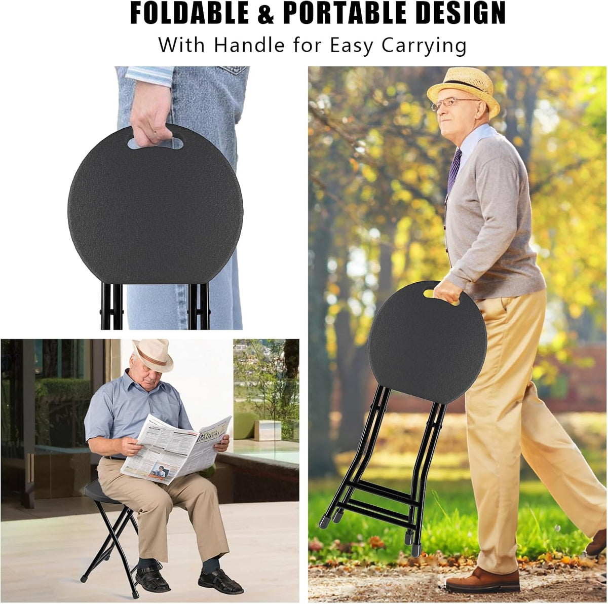 Folding Stool, 18 Inch Foldable Stool with Handle & Steel Frame, Pack of 2 Folding Bar Stools, 440lbs Sturdy Foldable Lightweight Metal Chair for Camping, Indoor and Outdoor, Black