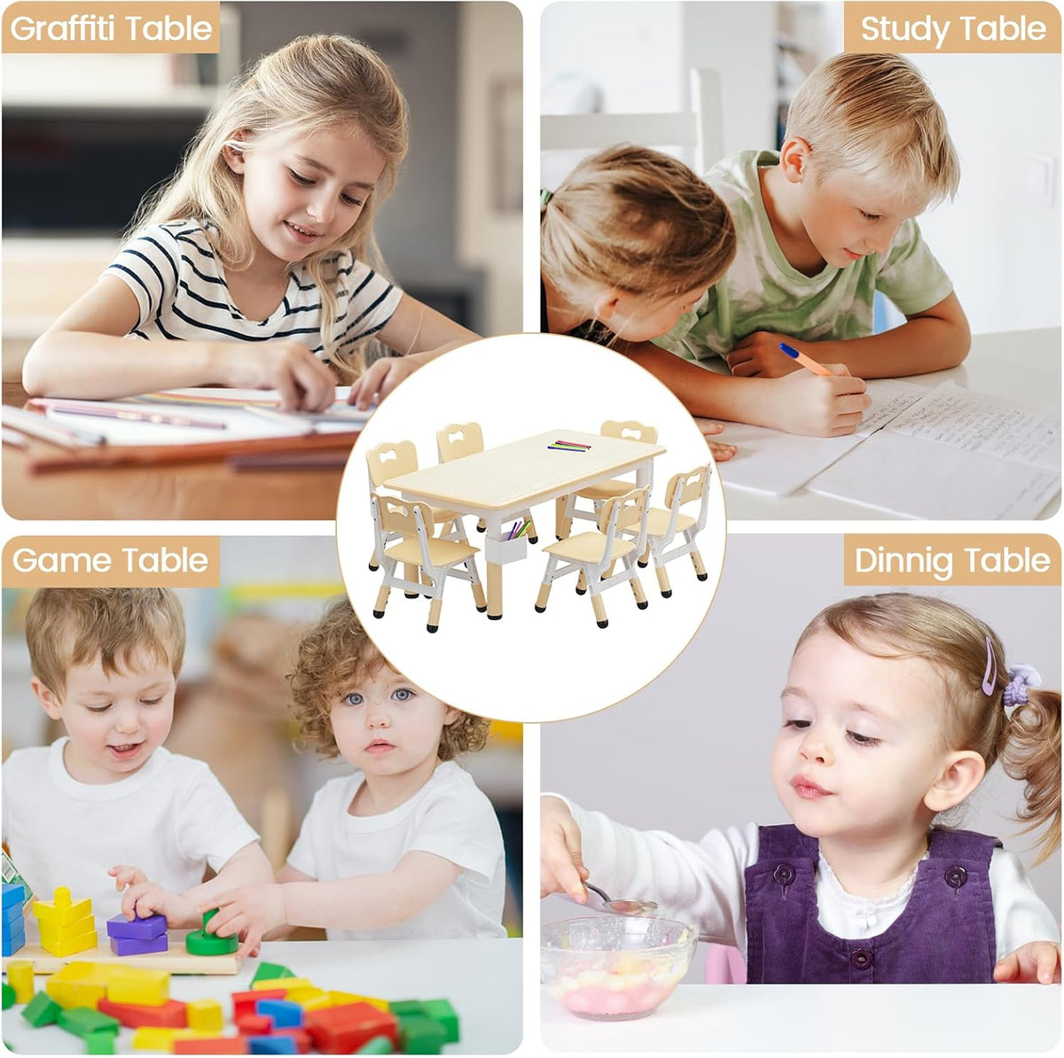 Kids Table and Chair Set - Height Adjustable Toddler Table and Chair Set with 6 Seats Non-Slip Legs,Children Multi-Activity Table for Ages 2-8 Graffiti Desktop,Family Learning Daily Use