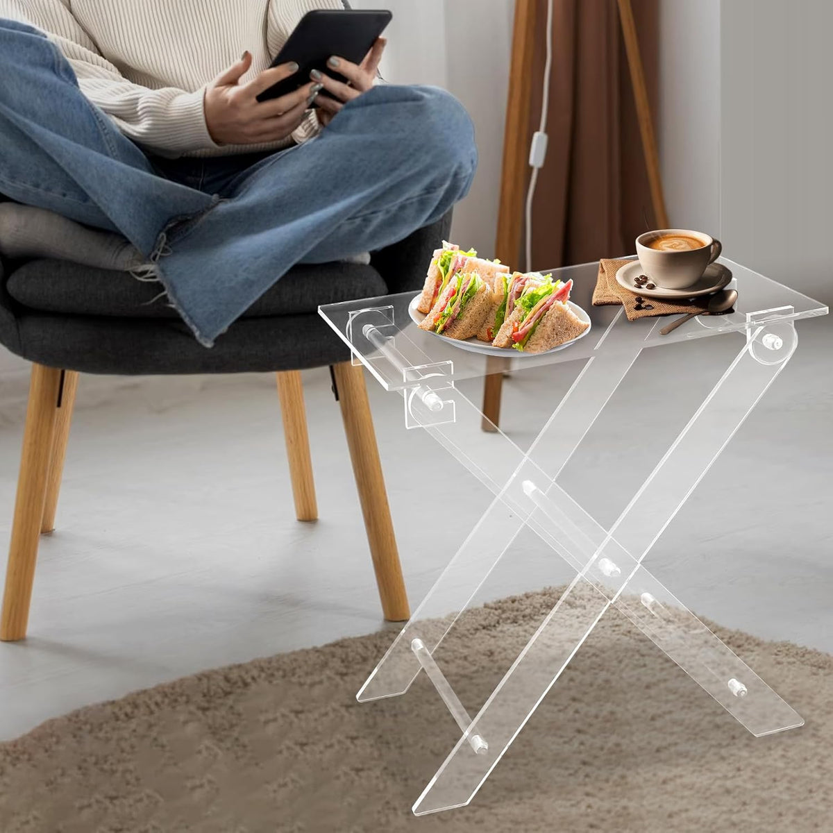 Acrylic Side Table, Folding Tv Tray Table Freestanding Foldable Tv Tray Table Clear Acrylic End Table Serving Table Snack Eating Tables Easy Assembly for Living Room, Bed Room