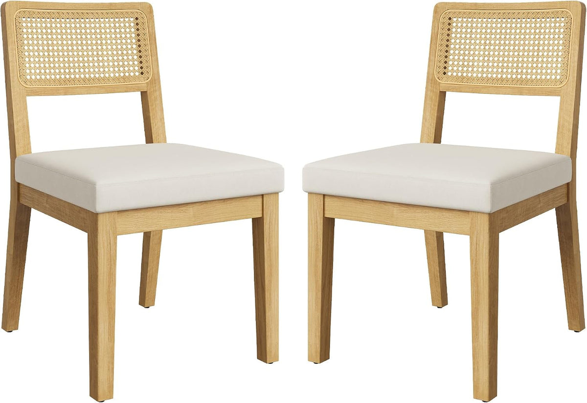 Garvee Rattan Dining Chairs Set of 2, French Country Upholstered Dining Chairs Wood Frame, Rattan Backrest, Armless Chair for Kitchen Restaurant Dining Room Bedroom, Linen, Natural