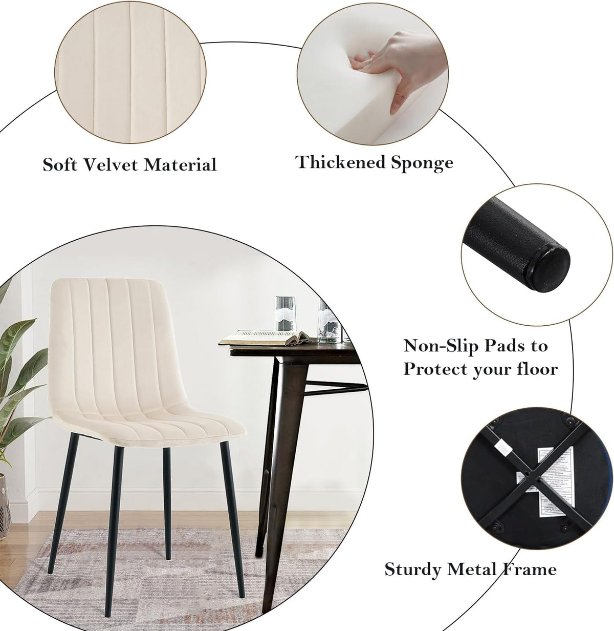 5 Piece Circle Dining Table Set for 6, 47 Inch Wood Dining Table & Cream Velvet Upholstered Chairs with Sturdy Black Metal Legs, Round Kitchen Table Set for Kitchen Dining Room, Living Room