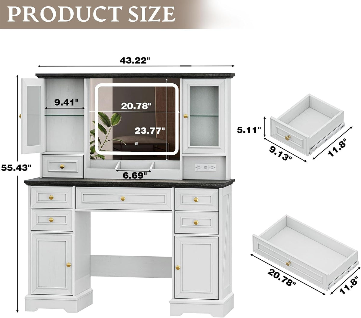 Xixini 43.3" Farmhouse Vanity Desk with LED Mirror, RGB Cabinets, White