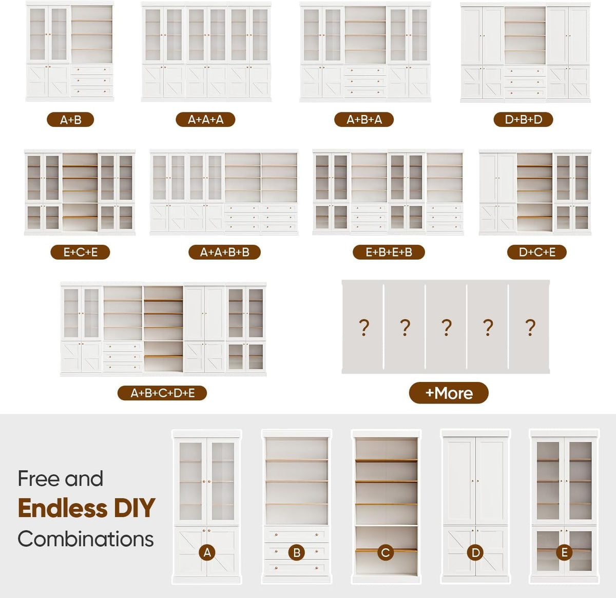 70.8" Tall Farmhouse Modular Kitchen Pantry Cabinet with Glass Doors & Wooden Storage Hutch with Six-Tier Adjustable Shelves, White,2pcs