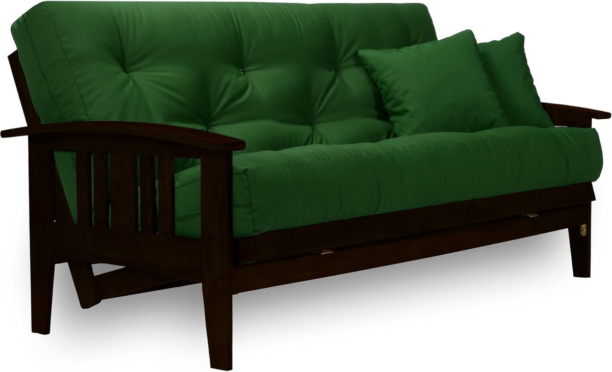 Westfield Complete Futon Set - Espresso Finish (Warm Black) – Large Queen Size, Mission Style Wood Futon Frame with Mattress Included (Twill Hunter Green), More Mattress Colors Available