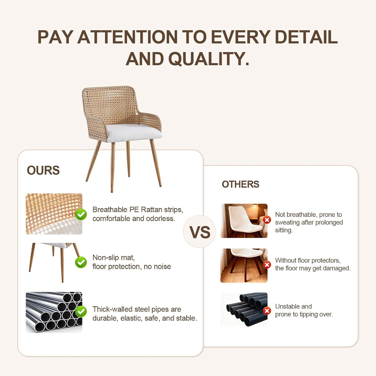Rattan Dining Chairs Set of 2,Modern Dining Room Chairs with Upholstered Cushion and Metal Legs,Rattan Kitchen Chairs,Brown