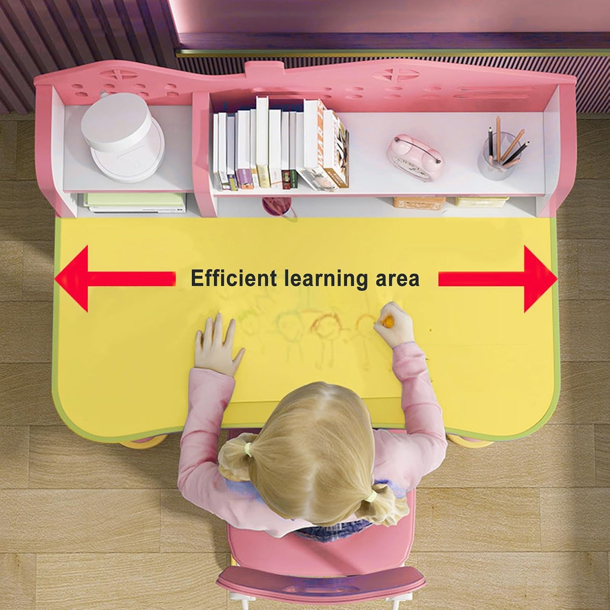 Kids Functional Desk Chair Set,Kids Desk and Chair Set, Height Adjustable Children School Study Desk with Castle Backboard, Widened Desktop, Bookstand and Storage Drawer (Pink)
