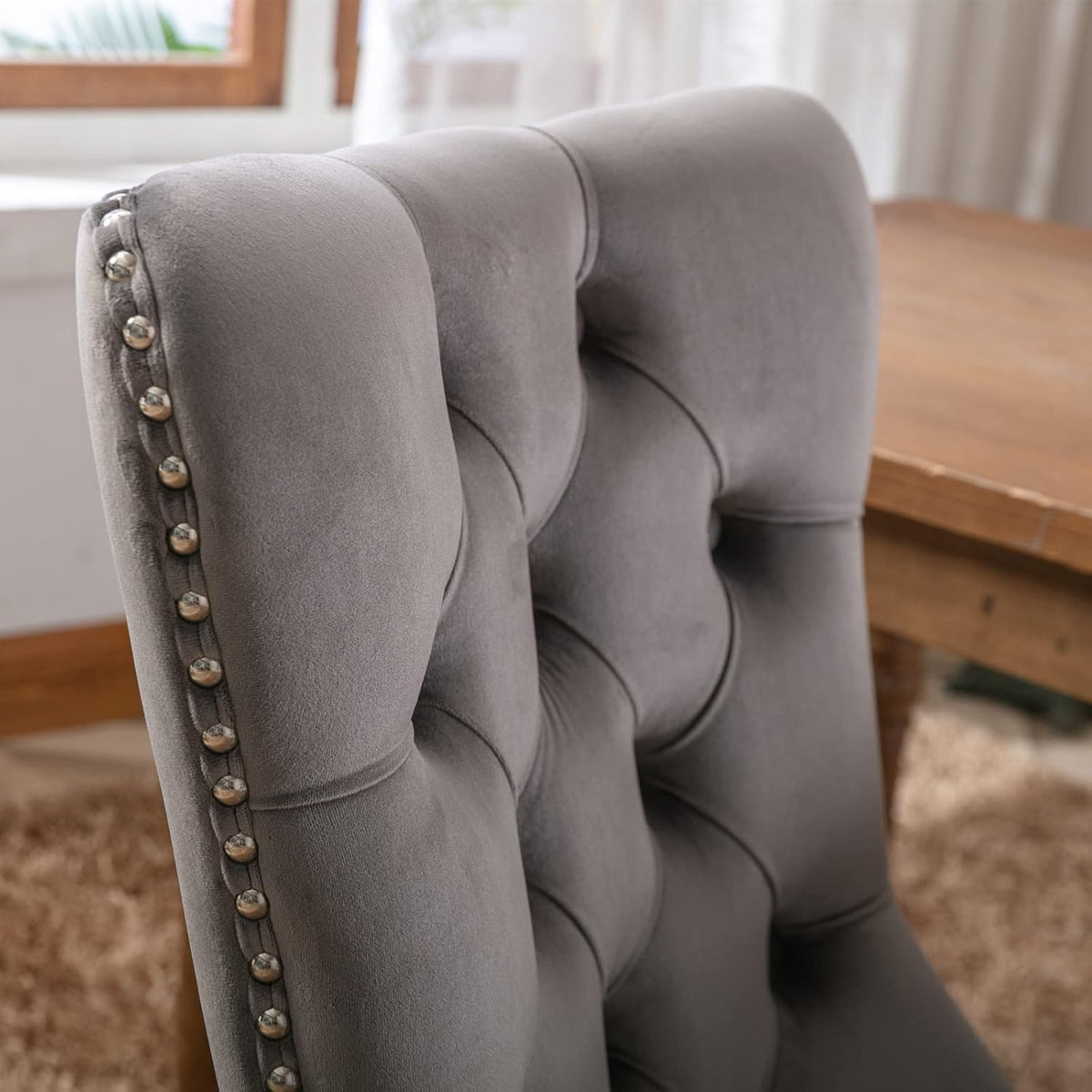 KEIKI Tufted Dining Room Chairs Set of 2, Velvet Kitchen Nailhead Trim Chairs with Solid Wood Legs and Padded Seat, Gray