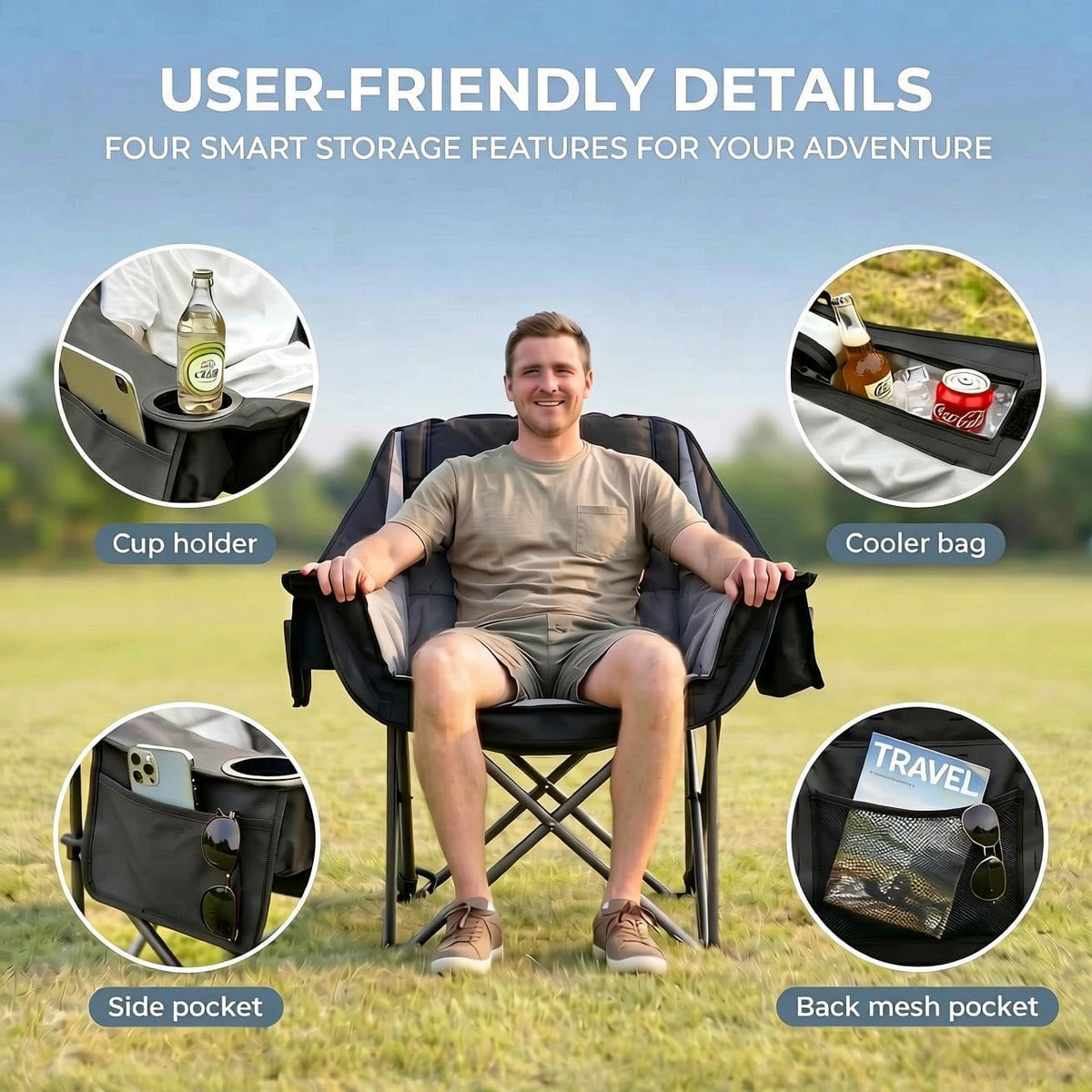 Oversized Heavy Duty Camping Chair for Adults, 500 lbs Capacity Padded Folding Chair with Side Cooler Bag, Cup Holder & Storage Pockets, Portable Lawn Chair for Fishing, Beach, Picnic & Sports-2PCS