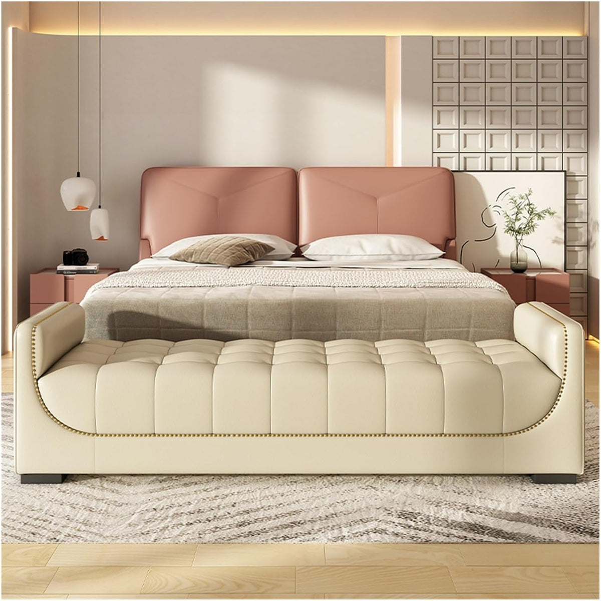 Modern Leather Bedroom Ottoman Bench,Upholstered End of Bed Modern Entryway Shoe with Armrests and Storage Pockets,Living Room Dinning Entryway(White,1.8m)