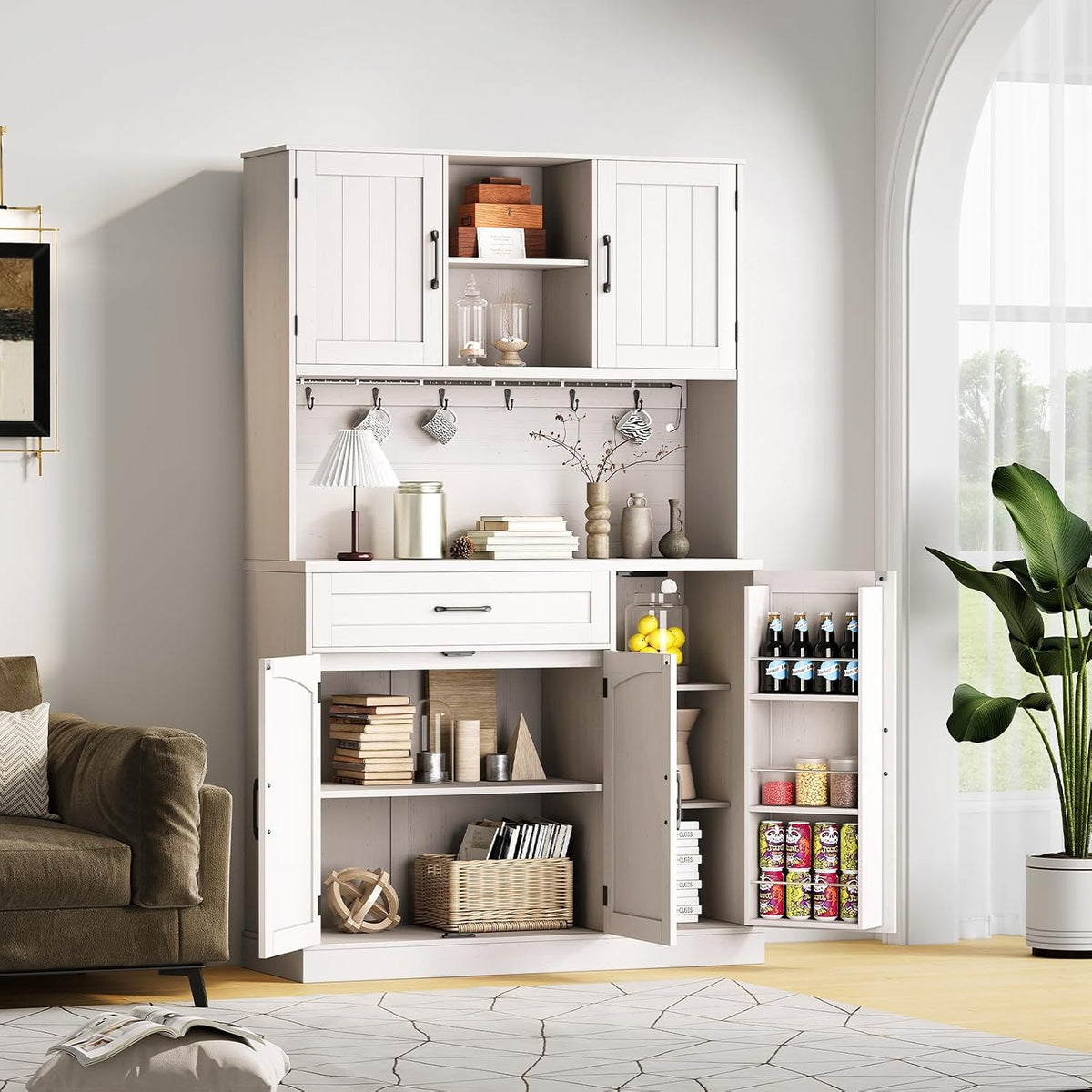 ONBRILL 71" Kitchen Pantry Storage Cabinet with LED Light/Outlet, Off-White | Pantry Cabinet, Kitchen Hutch with Microwave Shelf & 6 Hooks, Door Shelves & Drawer & Adjustable Shelves, for Dining Room