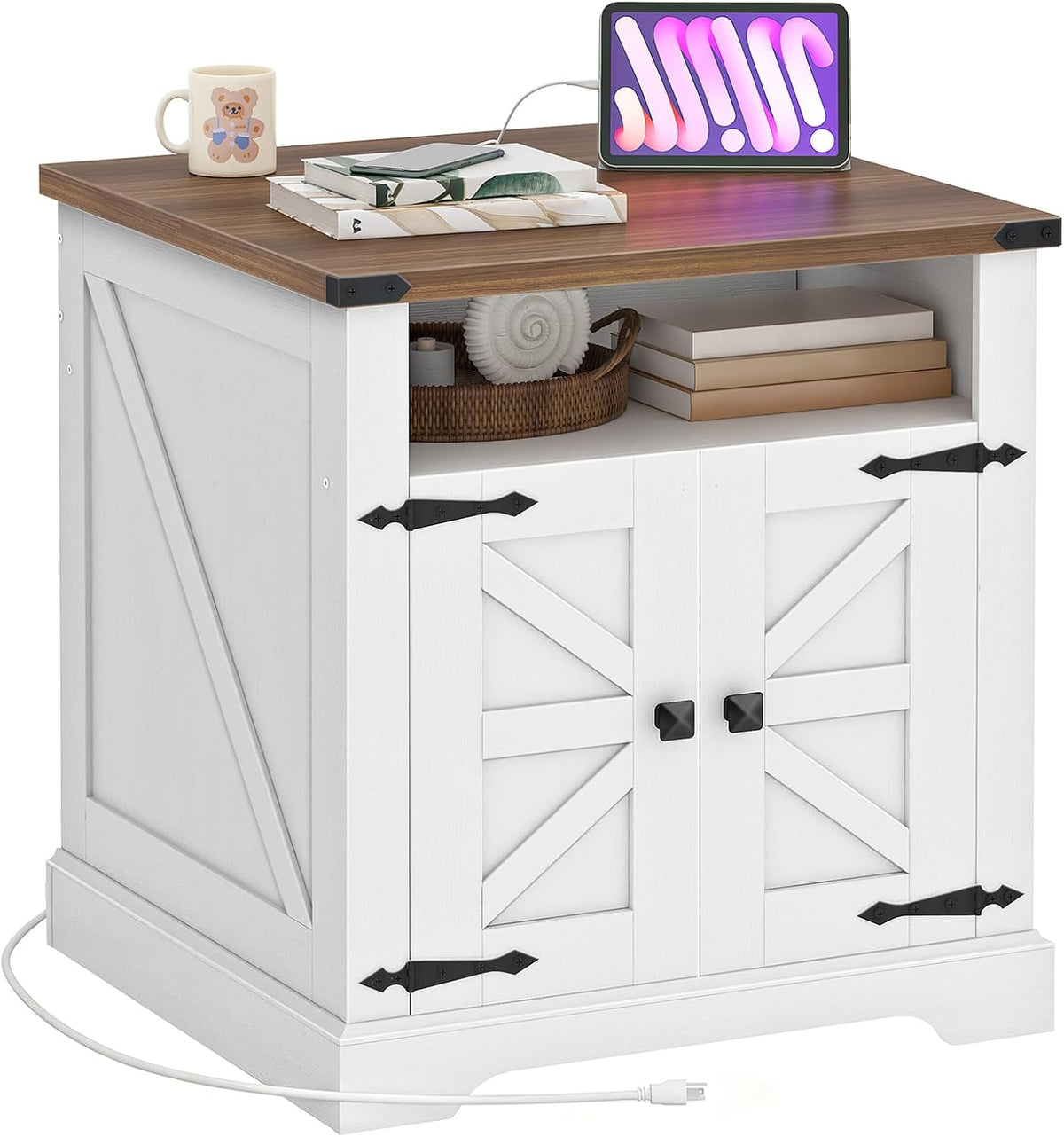 HOOBRO Farmhouse End Table with Charging Station, 23.6" Large End Tables for Living Room, Sofa Side Table with Barn Door, Wooden Square Nightstand Bedside Table, Flip Top, White and Walnut WH601UBZ01