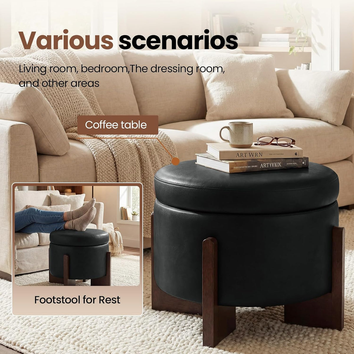 Leather Ottoman with Storage and Ash Wood Legs, Modern Foot Stool,Round Storage Ottoman Coffee Table for Living Room,Bedroom (Black)